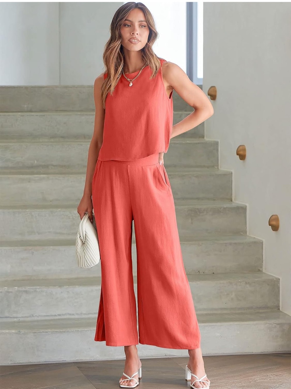 Sleeveless Wide-Leg Set in Coral - Women's Two-Piece Ensemble